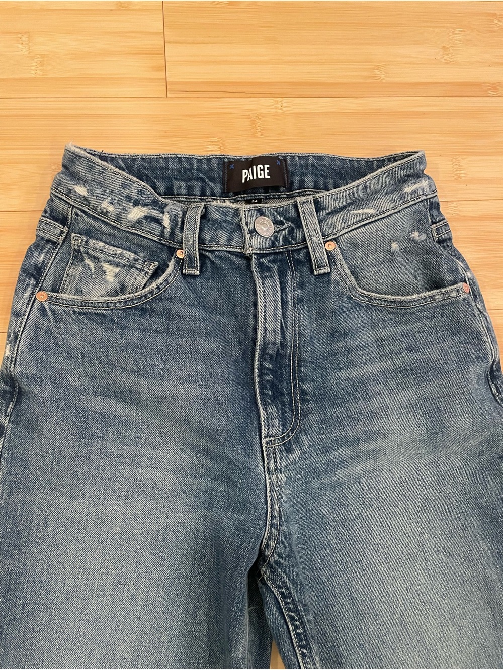 PAIGE High-Rise Flare Jeans in Medium Blue with Distressed Knees - Picture 4 of 7